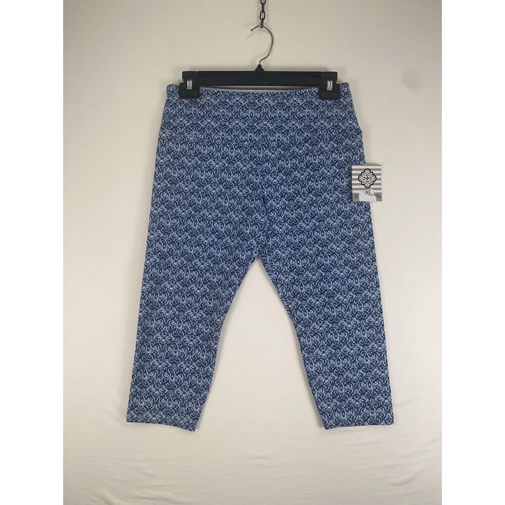 Kate Park Pants Womens Petite Medium Blue Geometric Print Stretch Capri Pull On